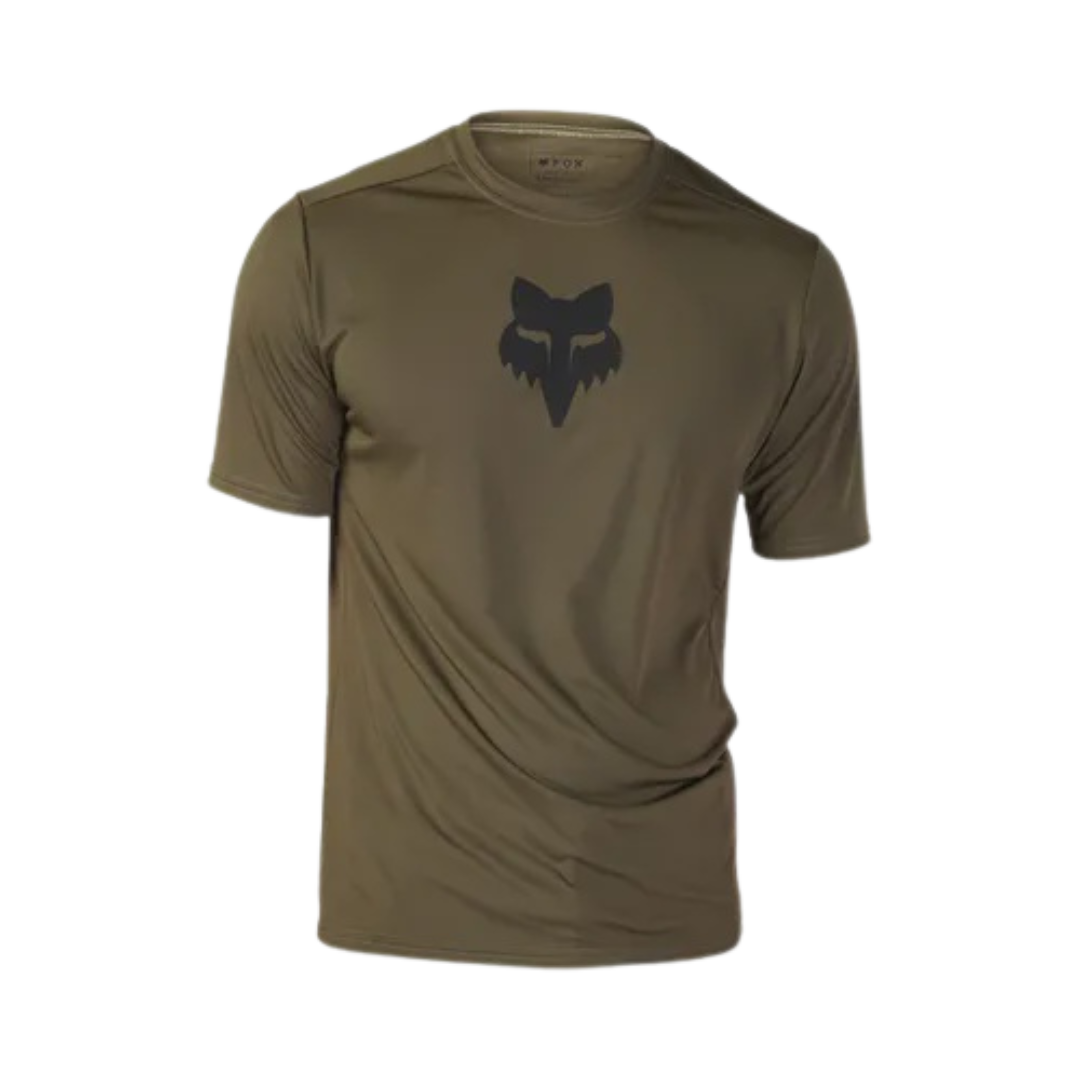 Front view of the FOX Ranger SS Jersey Lab Head in Olive Green with bold branding