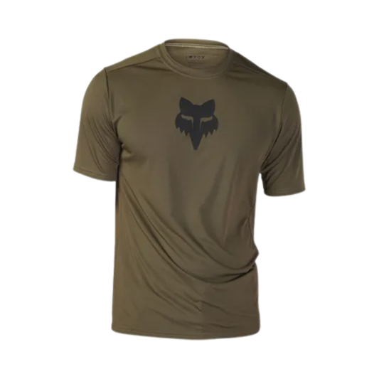 Front view of the FOX Ranger SS Jersey Lab Head in Olive Green with bold branding