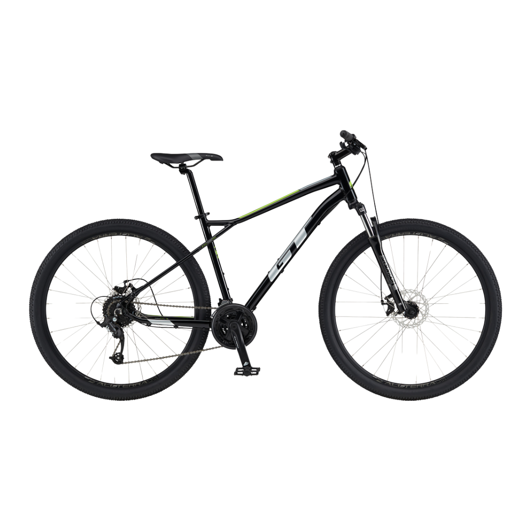 Side view of the GT Aggressor Sport in Black showcasing its hardtail frame.